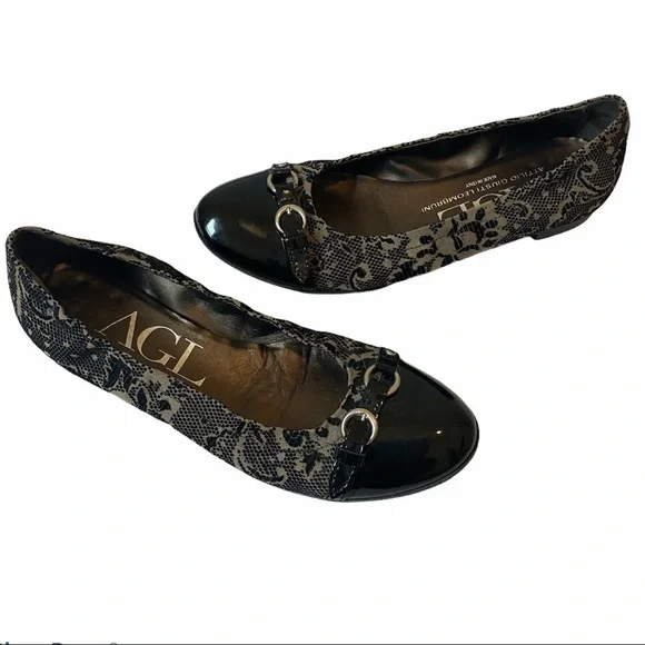 AGL Ballet Flats EU 38 / US 8 Black Patent Leather Monika Cap Toe Velvet Brocade - Picture 2 of 11